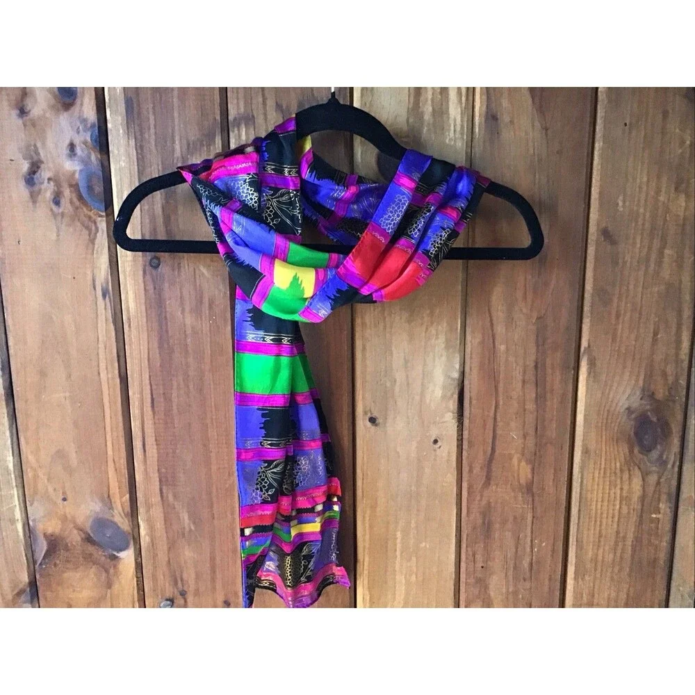 Jewel Tone Stripe Floral Rectangle Scarf Silky Head Wrap Neck Hair Scarf Silky
